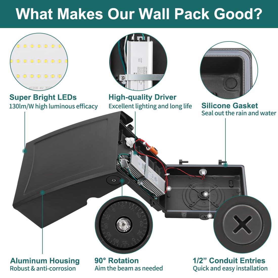 30W LED Wall Pack Light with Dusk-to-Dawn Photocell, Adjustable Head Waterproof Outdoor Lighting Fixture, 150-250W HPS/HID Replacement 5000K 3600lm