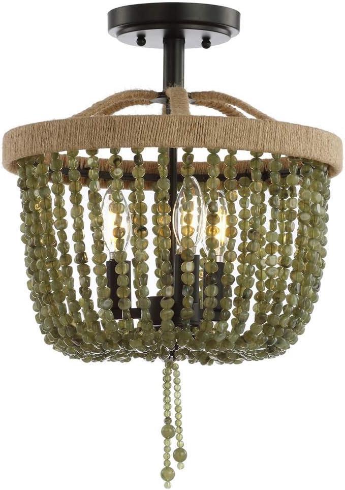 Contemporary Boho Green Bead & Black LED Flush Mount, 20" Height