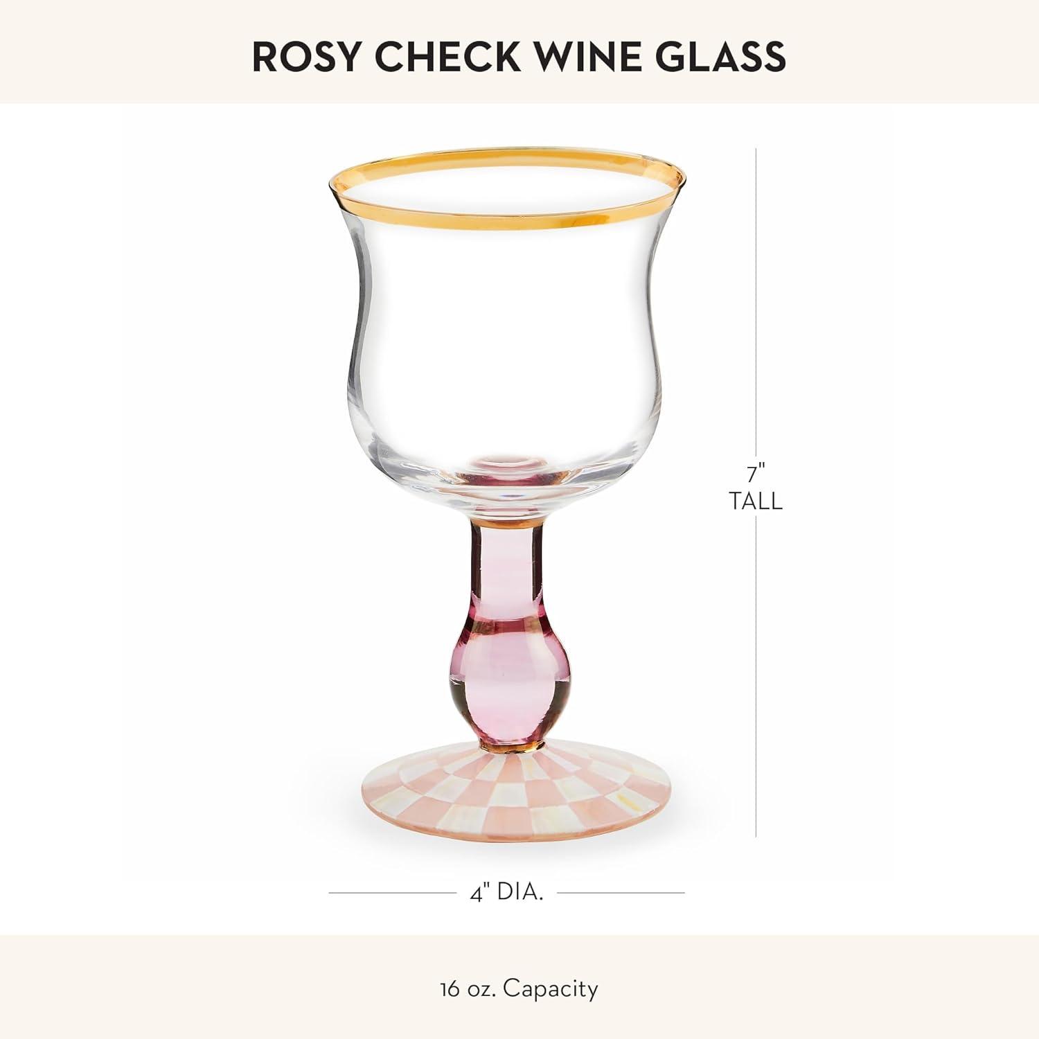 Pink and White Rosy Check Stemmed Wine Glass with Gold Rim