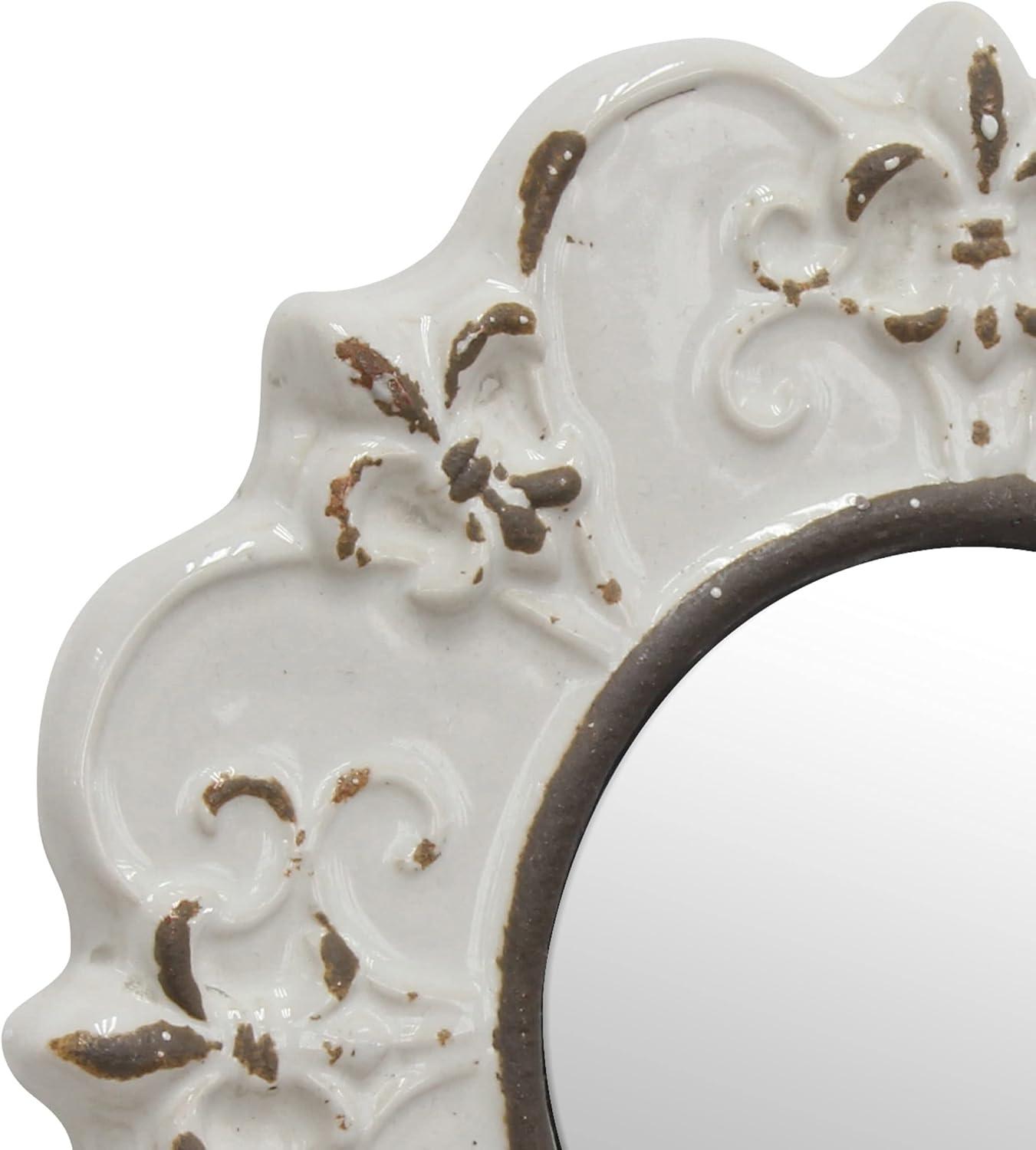 Antique White 8" Round Ceramic Fleur de Lis Wall Mirror