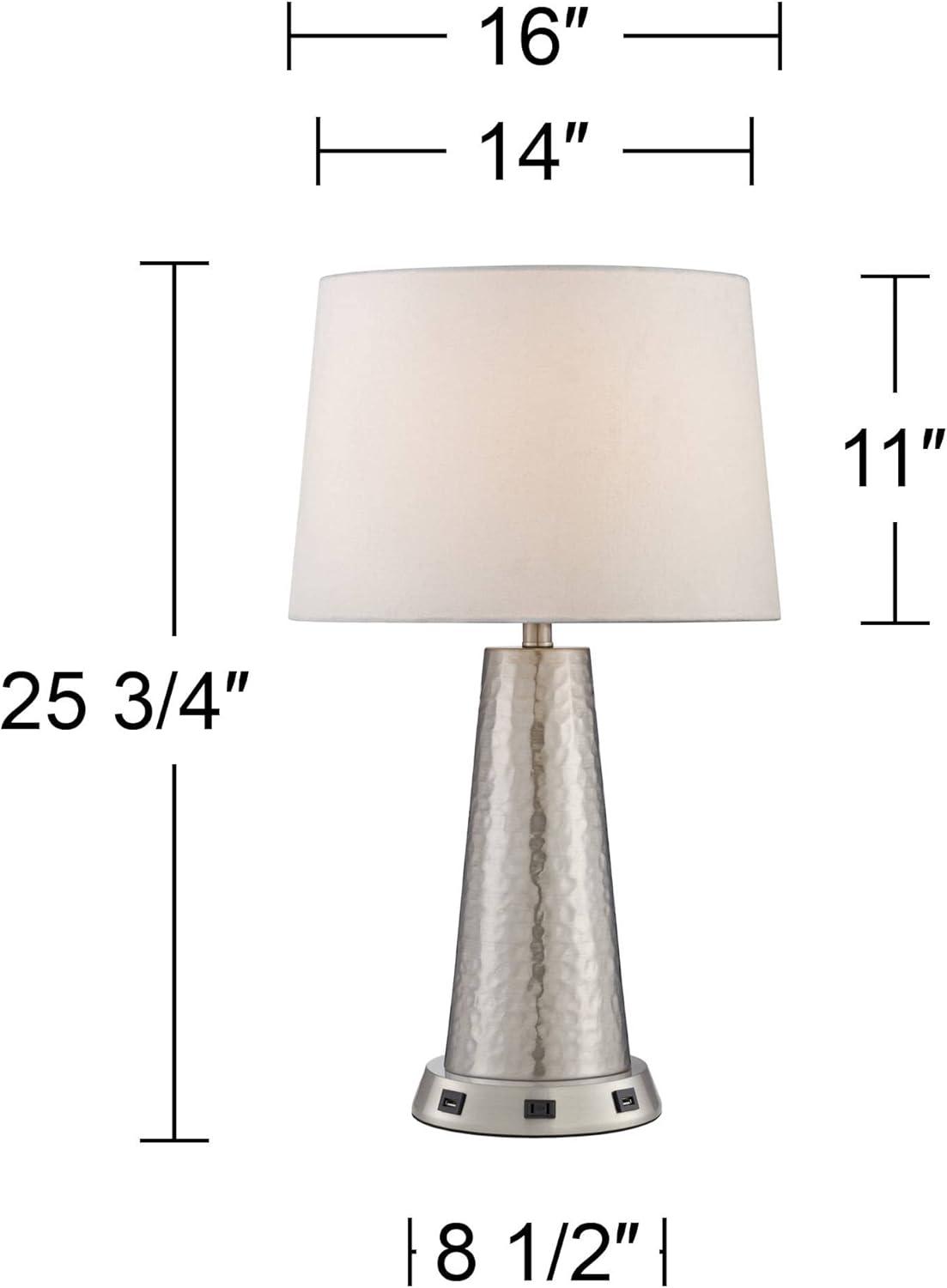 Silver Hammered Metal Table Lamp with USB Charging Base