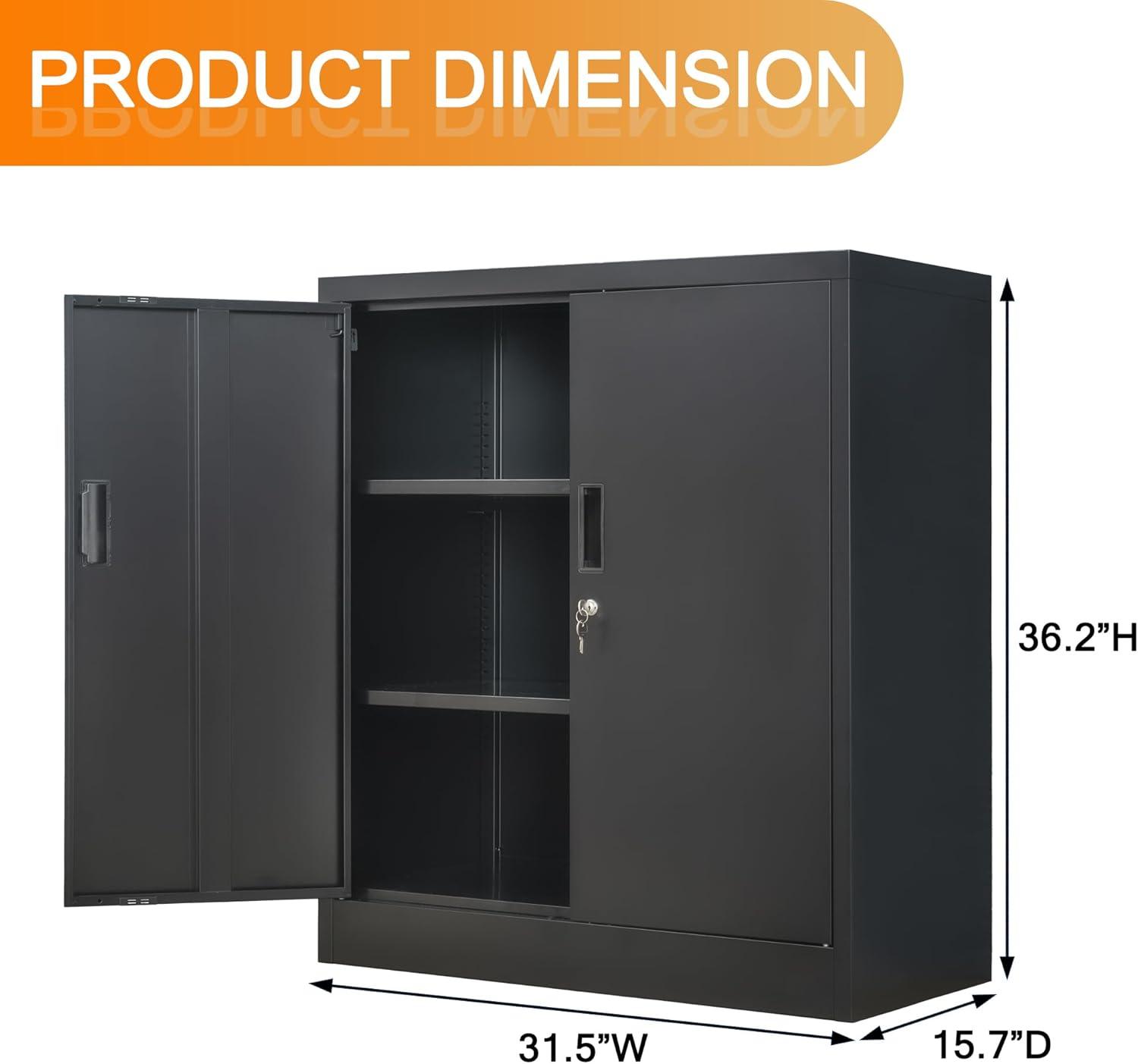 Metal Storage Cabinet, 36" H Locking Storage Cabinet with Adjustable Shelves, Steel Storage Cabinet for Garage, Home, Office, Utility Room-Black
