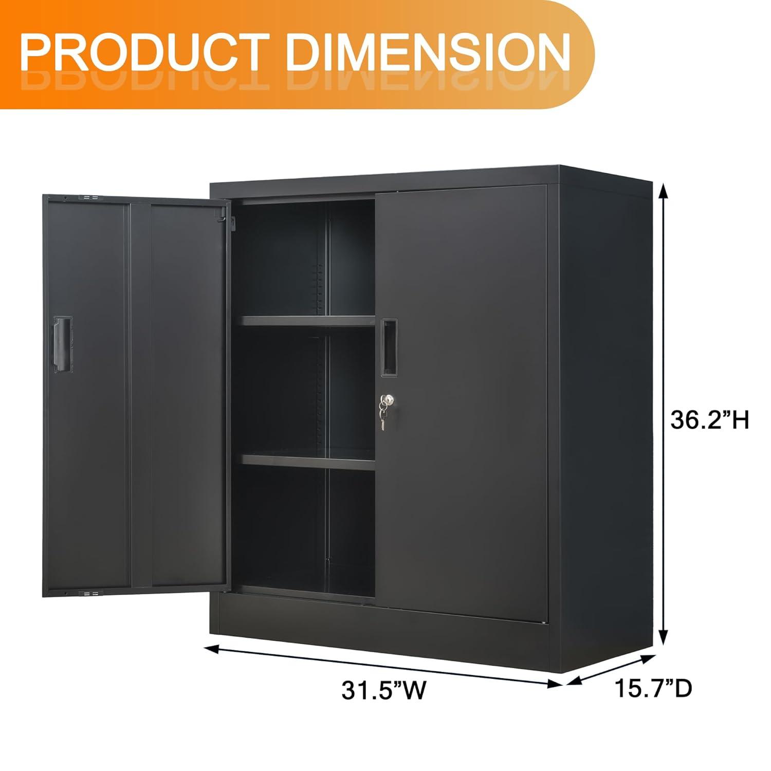 Metal Storage Cabinet, 36" H Locking Storage Cabinet with Adjustable Shelves, Steel Storage Cabinet for Garage, Home, Office, Utility Room-Black