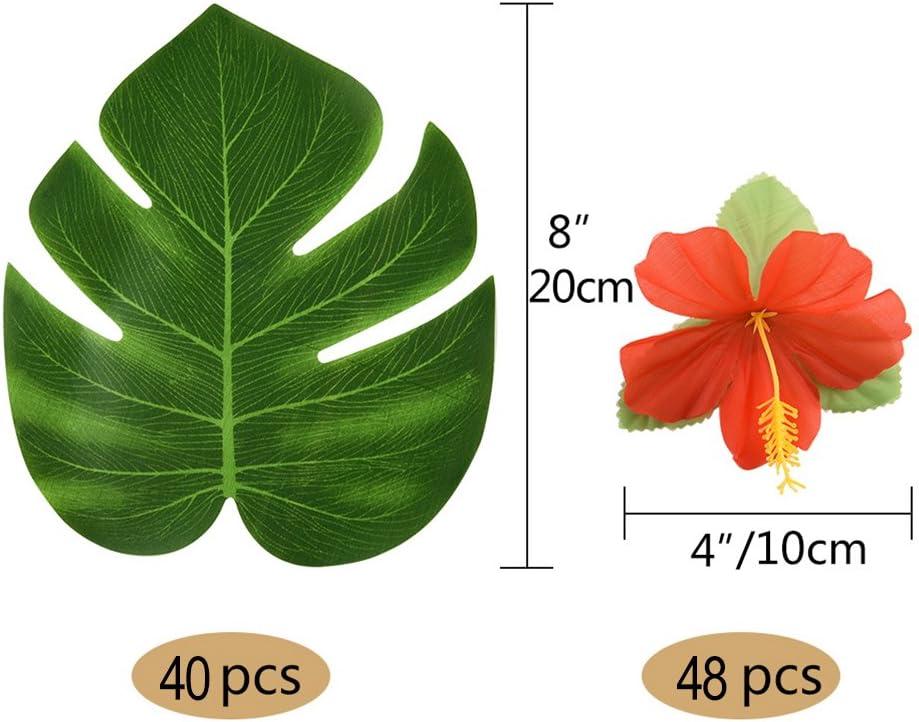 KUUQA 88 Pcs 20cm/8" Tropical Palm Leaves and Silk Hibiscus Flowers Party Decor, Artificial Monstera Plant Leaves Flowers Hawaiian Luau Party Jungle Beach Theme BBQ Birthday Party Decorations Supplie