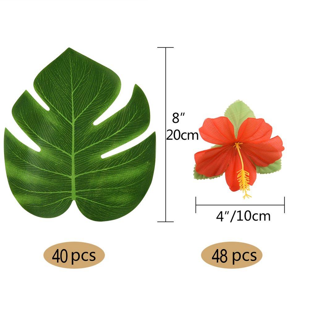 KUUQA 88 Pcs 20cm/8" Tropical Palm Leaves and Silk Hibiscus Flowers Party Decor, Artificial Monstera Plant Leaves Flowers Hawaiian Luau Party Jungle Beach Theme BBQ Birthday Party Decorations Supplie
