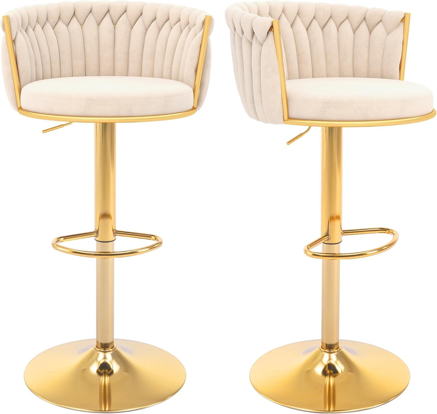 Counter Height Stools Set of 2, Velvet Bar Stools with 27 Inches Upholstered Seat Height, Handmade Woven Back Armrest, Sturdy Golden Metal Legs for Home Dining Pub Kitchen Island, Beige