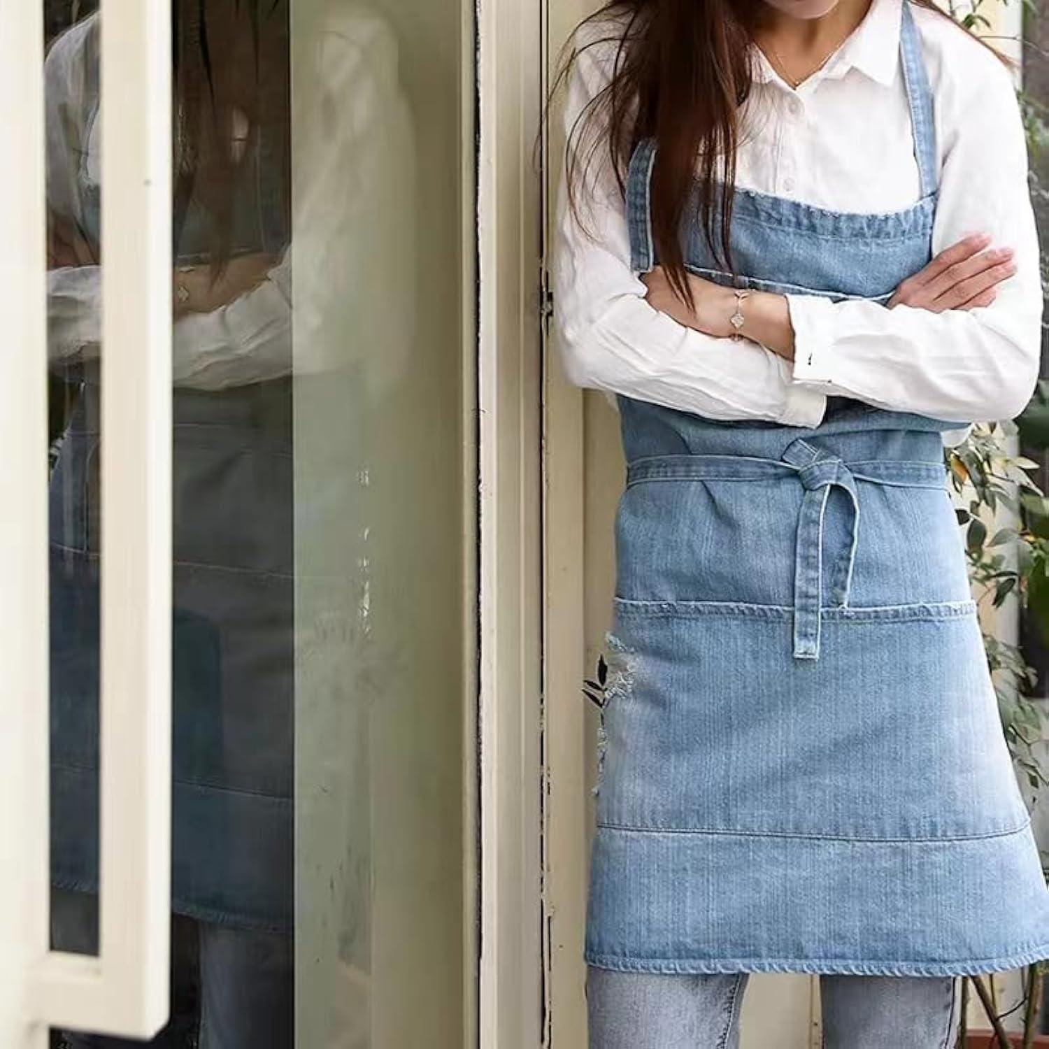 Jowcud Denim Apron With 5 Pockets for Cooking Kitchens,Hairstylist Aprons for Women Men,Adjustable Bib Jean Apron for Arts Gardening Cafes Bars Work C65