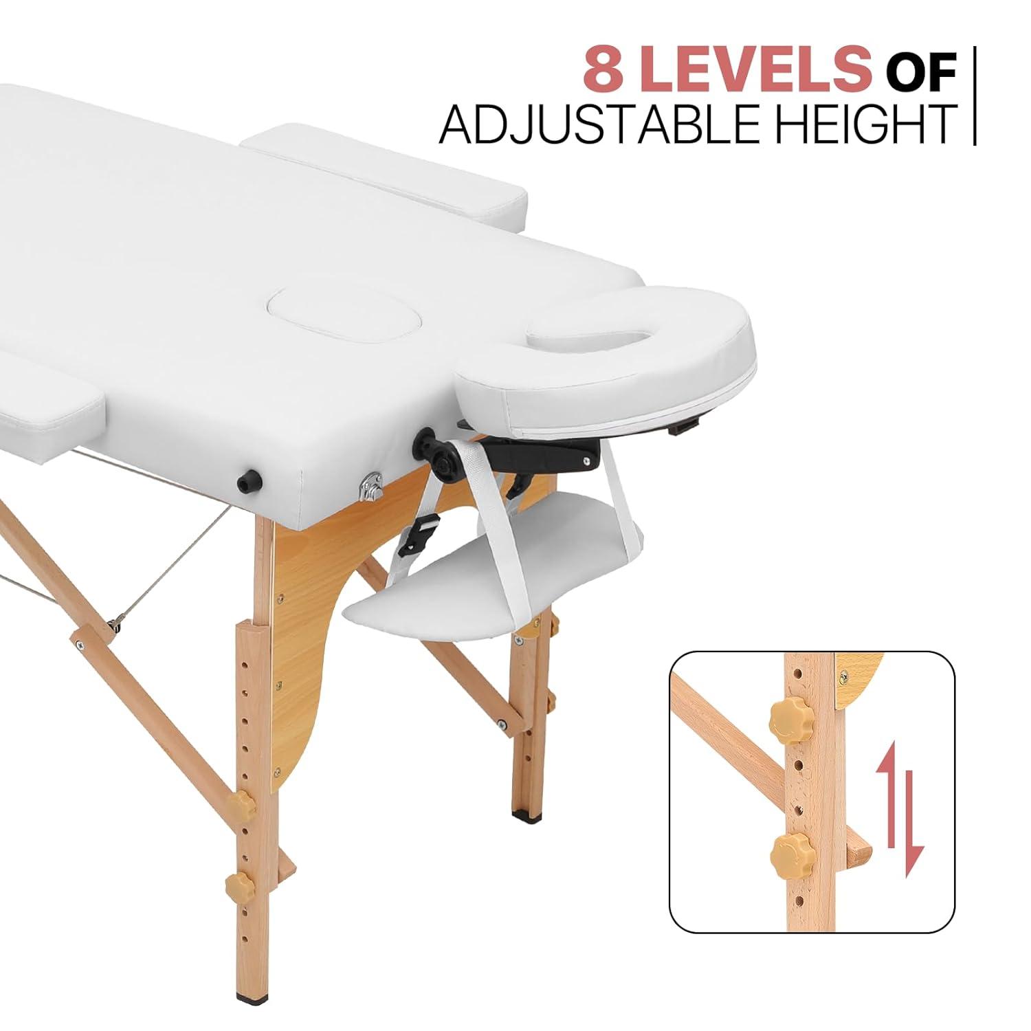 MoNiBloom Portable Massage Table Spa Bed, 24.5" to 33.5" Height Adjustable Two Fold Massage Bed / Facial Salon Tattoo Bed with Carry Bag for Beauty Salon and Family, Beechwood, White