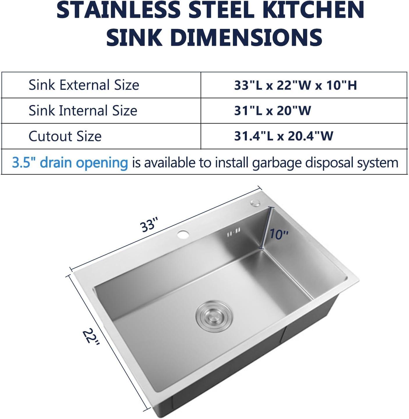 Whizmax Drop in Kitchen Sink, 16 Gauge Stainless Steel Kitchen Sink Top Mount Single Bowl Deep Kitchen Sink and Accessories, Workstation Sink