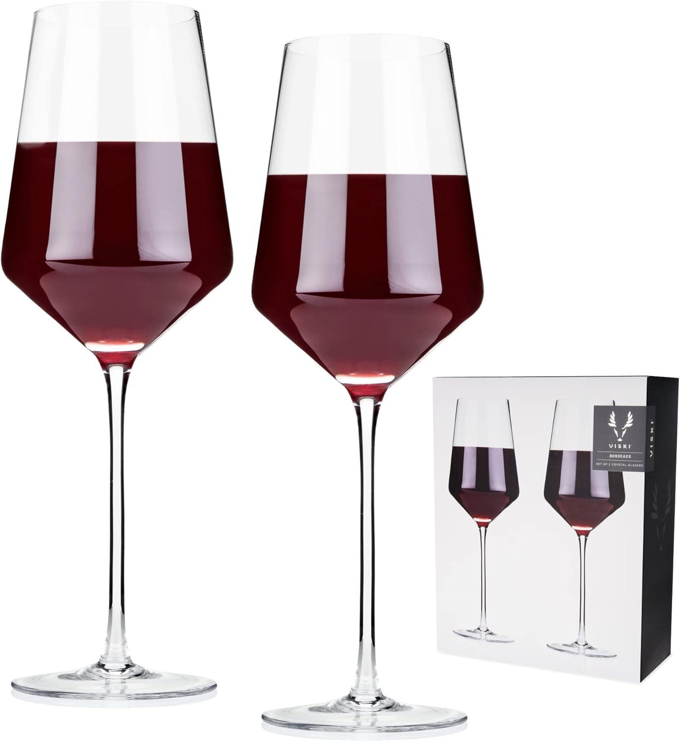 Viski Raye Angled Crystal Bordeaux Wine Glasses Set of 2 - Premium Crystal Clear Glass, Modern Stemmed, Flat Bottom Red Wine Gift Set - 16oz