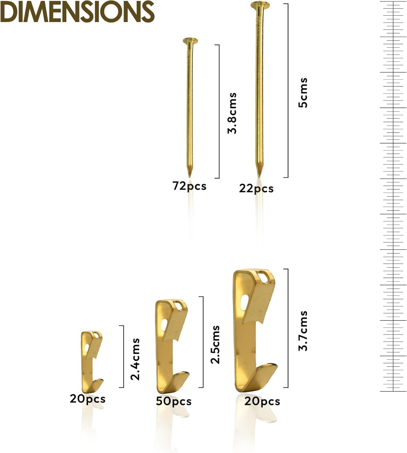 Picture Hanging Kit 184Pcs – Picture Hangers & Wall Hooks for Hanging – 20lb, 30lb, 50lb Wall Hangers with Metal Hooks and Nails for Drywall, Wood Walls & More(Gold)