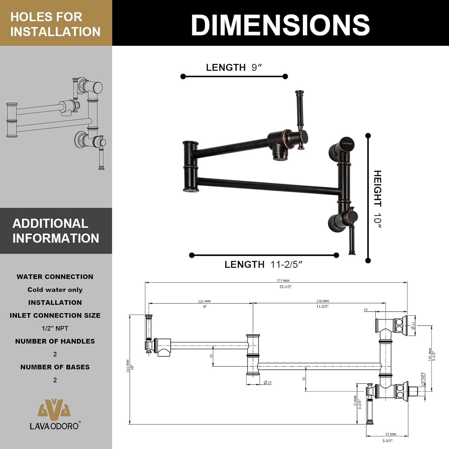 Oil Rubbed Bronze Wall Mount Pot Filler Faucet with Double Handles