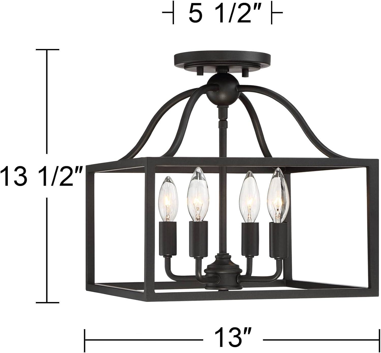 Franklin Iron Works Elle Rustic Industrial Ceiling Light Semi Flush Mount Fixture 13" Wide Black 4-Light Square Cage for Bedroom Living Room Kitchen