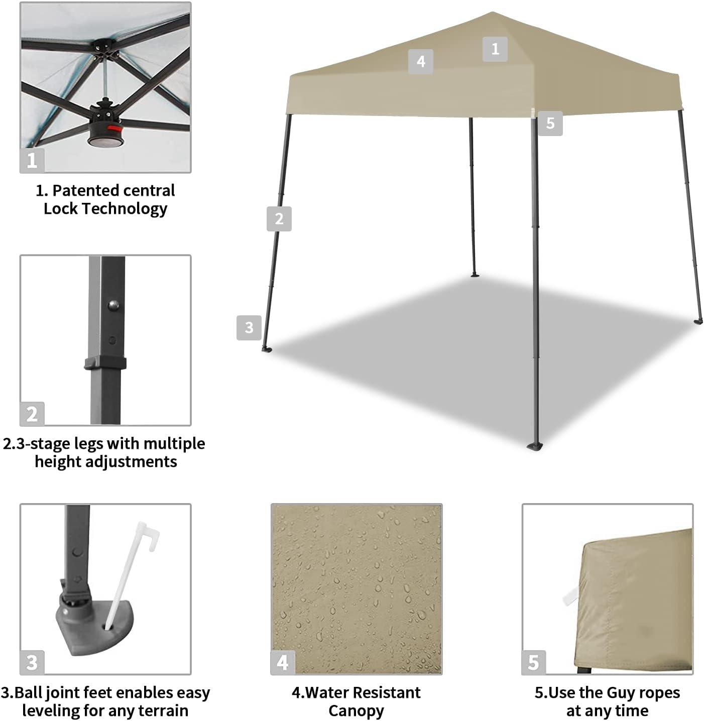 CROWN SHADES 6.5x6.5 Pop up Canopy Tent, Slant Leg Pop Up Beach Tent, 3 Height, Base 8x8 ft, Top 6.5x6.5 ft, Outdoor Canopy with Carry Bag, Beige