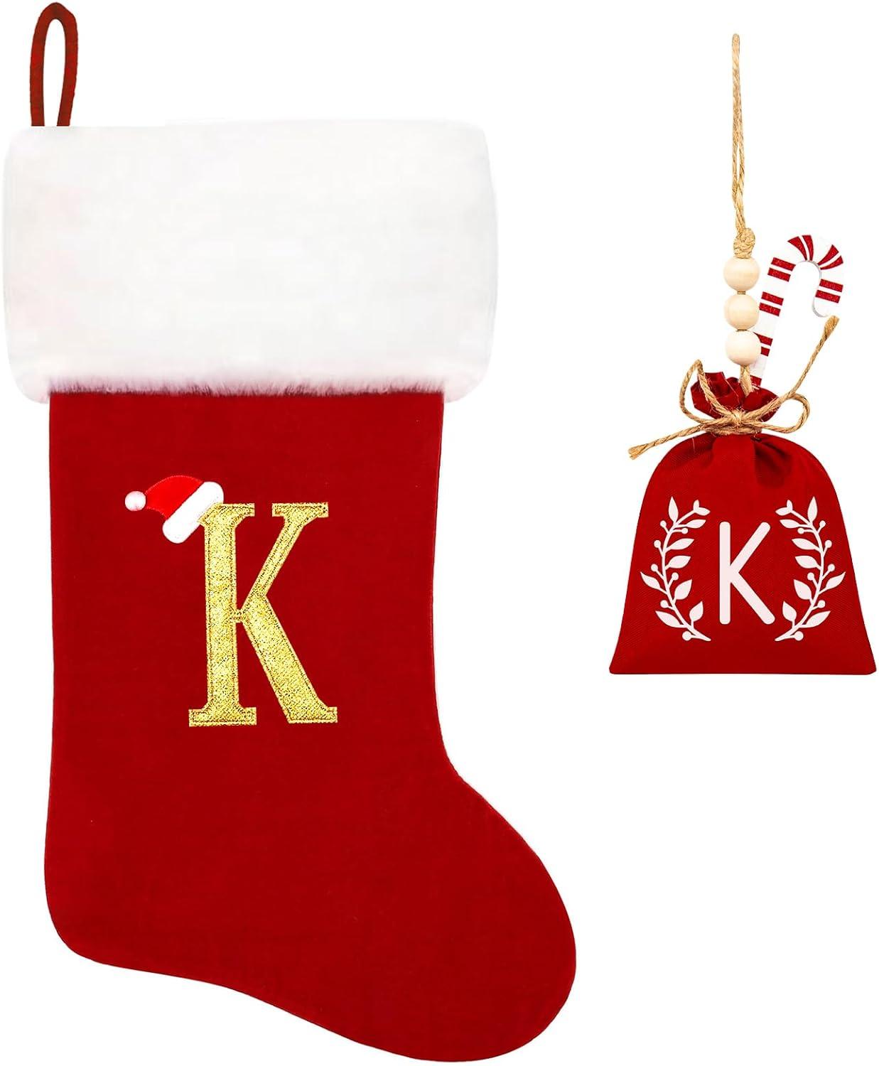 20-Inch Red Velvet Christmas Stocking with White Plush Cuff and Gold Monogram