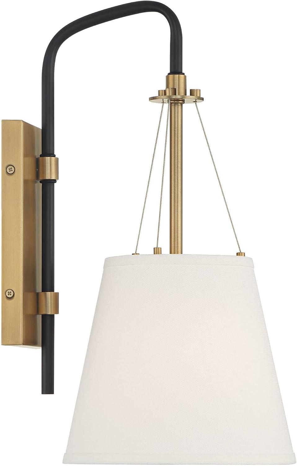 Possini Euro Design Mid Century Modern Wall Light Sconce Brass Black Hardwired 8" Fixture White Linen Shade for Bedroom Living Room