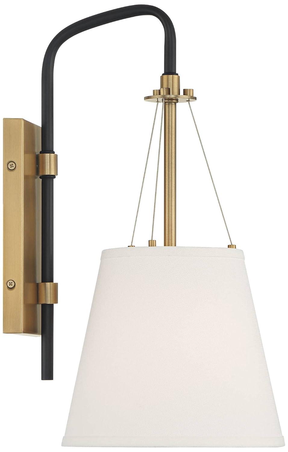 Possini Euro Design Mid Century Modern Wall Light Sconce Brass Black Hardwired 8" Fixture White Linen Shade for Bedroom Living Room