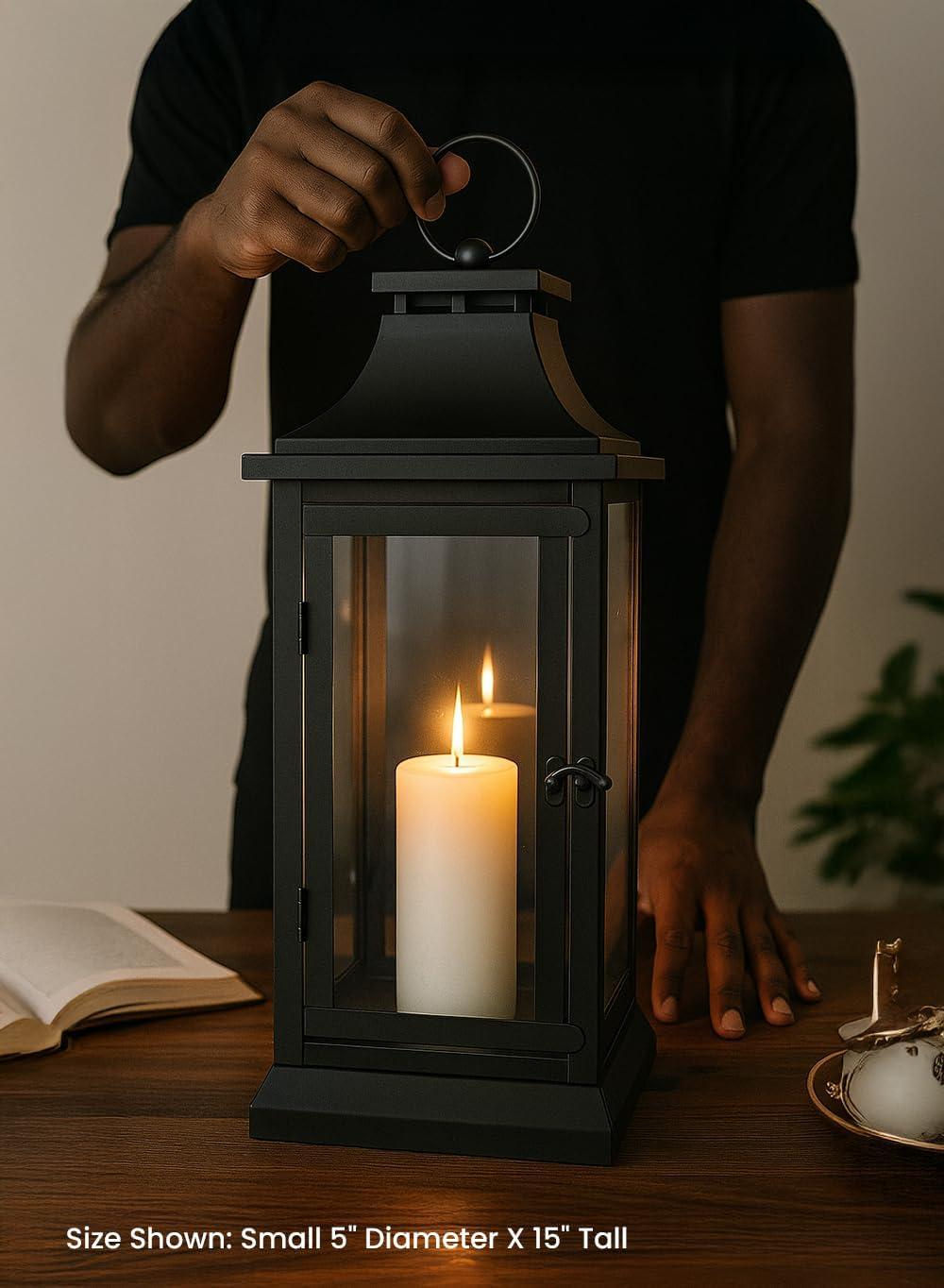 Small Black Iron Hurricane Lantern with Clear Glass Panels