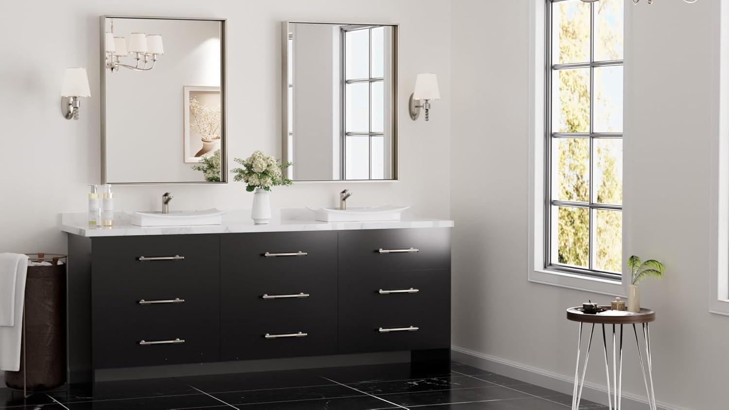 Keonjinn 24 x 32 in Brushed Nickel Bathroom Mirror for Wall, Silver Rectangular Metal Framed Vanity Mirror for Bathroom Sink Square Corner Aluminum Alloy Modern Rectangle Mirror(Horizontal/Vertical)