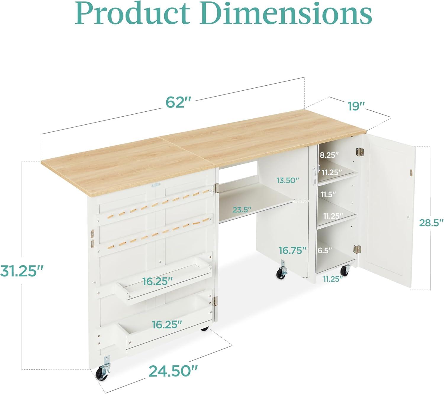 Natural White MDF Folding Sewing Table with Storage and Wheels