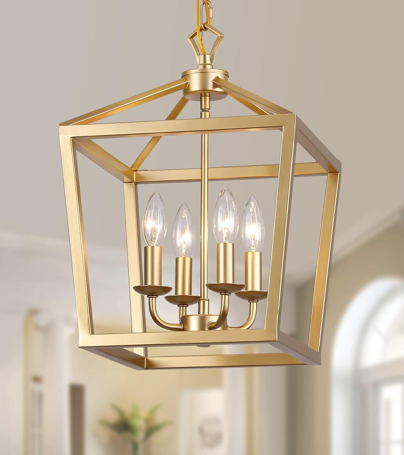 DUFEI Brushed Gold Chandelier, Modern 4-Lights Lantern Foyer Lighting Fixture for Dining Room, Kitchen Island, Bedroom and Living Room