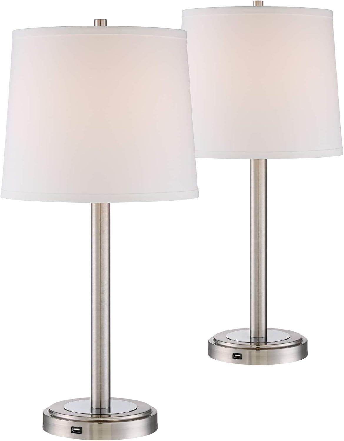 360 Lighting Camile Modern Table Lamps 25" High Set of 2 Brushed Nickel with USB Charging Port Off White Drum Shade for Living Room Office House Desk