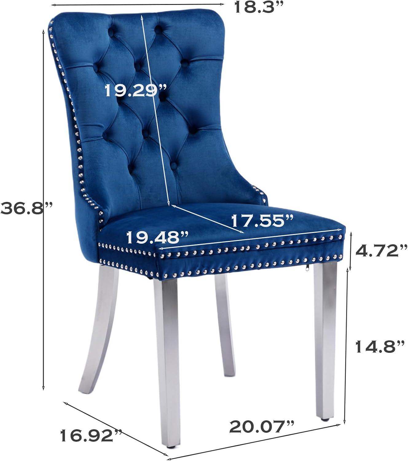 Blue Velvet Upholstered Dining Chairs with Silver Legs, Set of 4