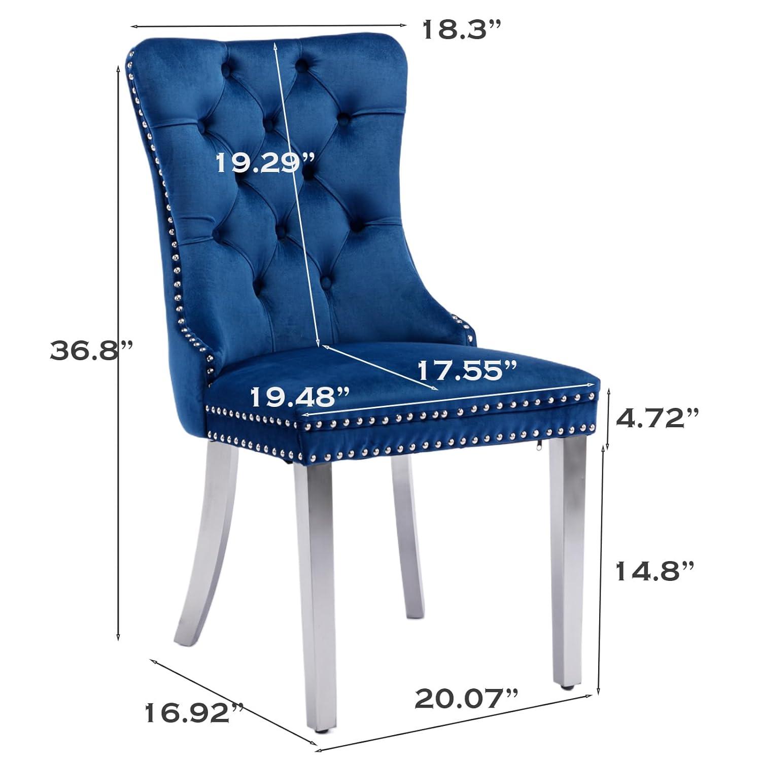 SoarFlash Velvet Dining Chair Set of 4, Upholstered Tufted Dining Room Chair with Nailhead Trim and Solid Silver Plated Leg for Kitchen (Blue)