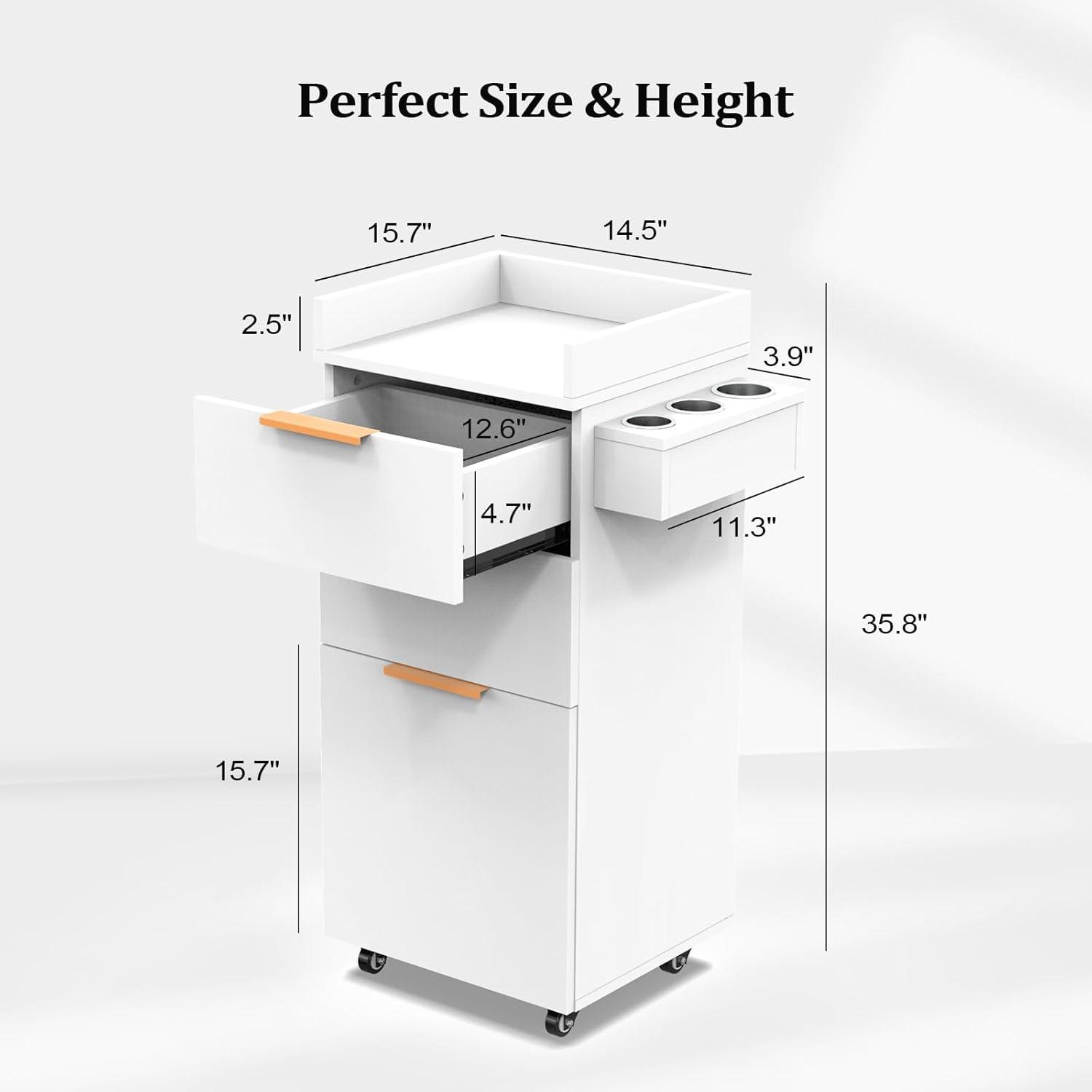 OmySalon Salon Trolley with Wheels, 2 Drawers & 1 Storage Cabinet, Salon Cart for Hair Stylist, Portable Styling Station for Barbershop Beauty Spa, White