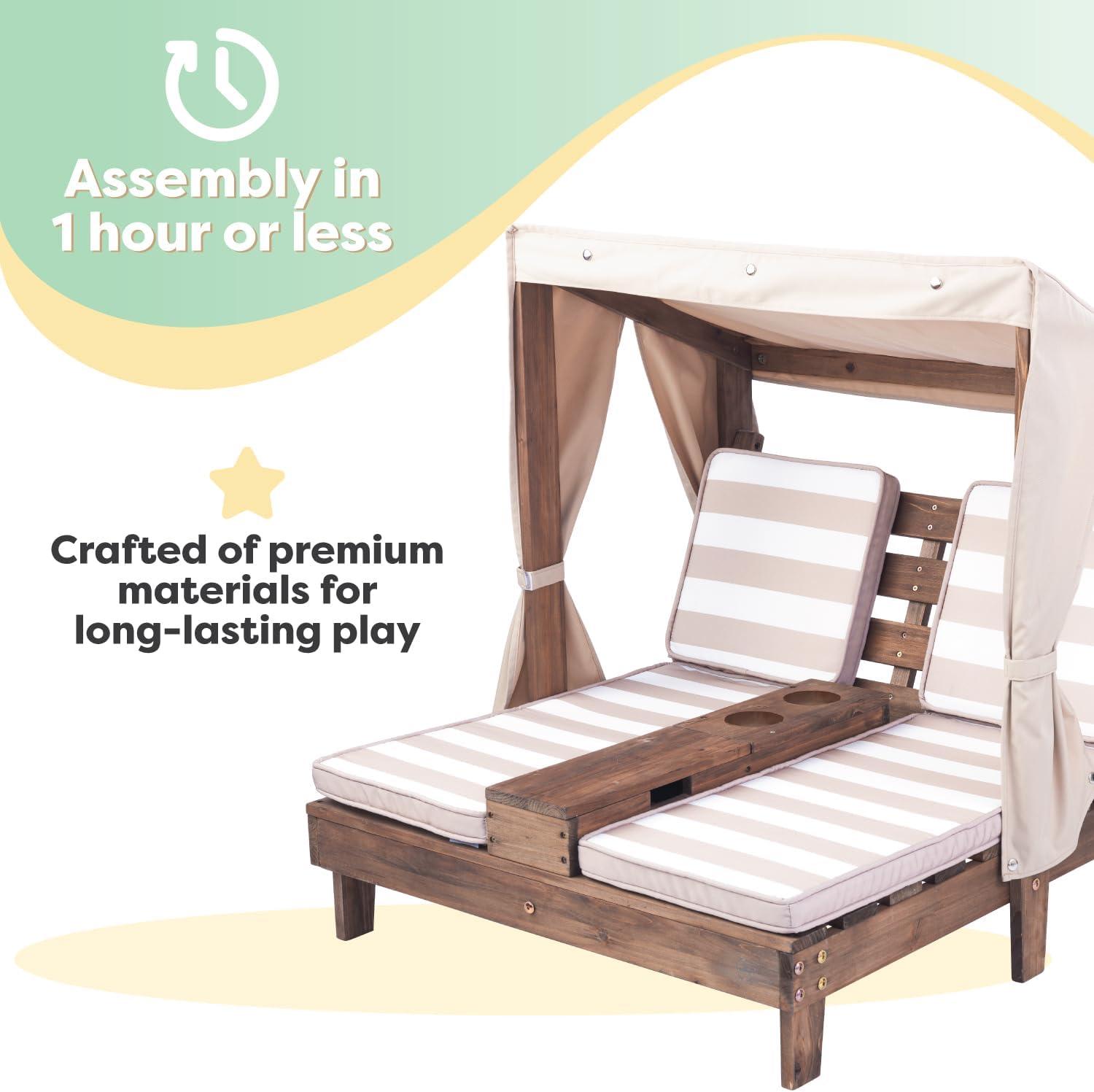 Wooden Outdoor Double Lounger with Cup Holder, Wood Color, L x W x H 36.5 x 33.4 x 35.1 inches