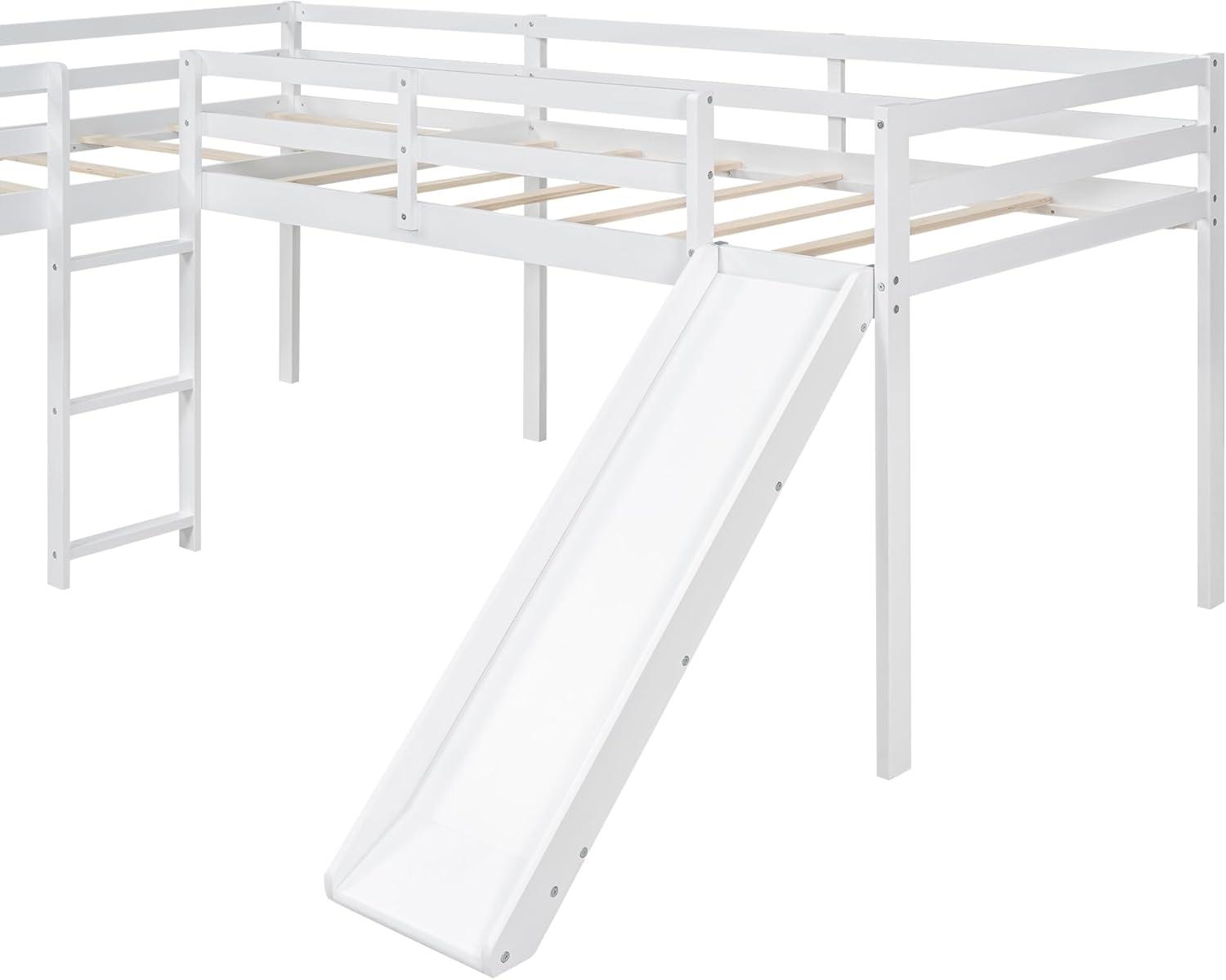 Two Loft Bed L Shaped Twin Bunk Bed with Ladders and Slide, Bunk Bed for Family, Kids, Teens, No Box Spring Needed