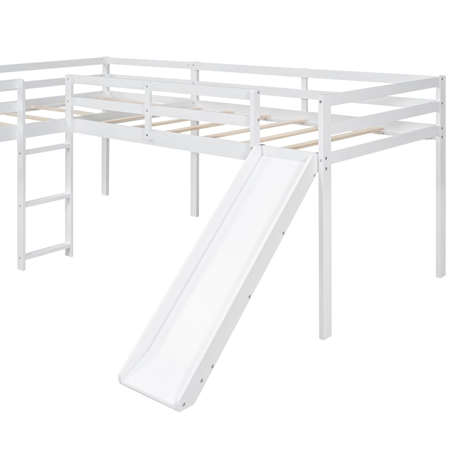 Two Loft Bed L Shaped Twin Bunk Bed with Ladders and Slide, Bunk Bed for Family, Kids, Teens, No Box Spring Needed