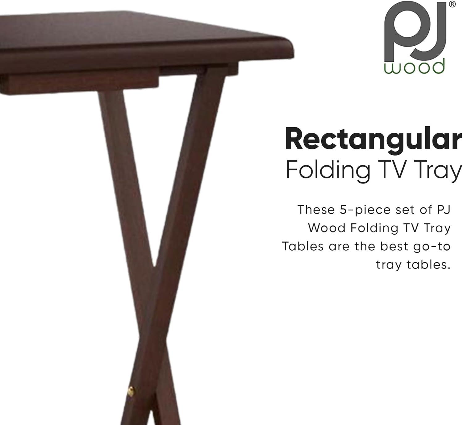 PJ Wood 19.09 x 14.57 x 26.00 Inch Folding TV Tray Tables with Compact Storage Rack, Solid Wood Construction, Walnut Brown Finish, 5 Piece Set