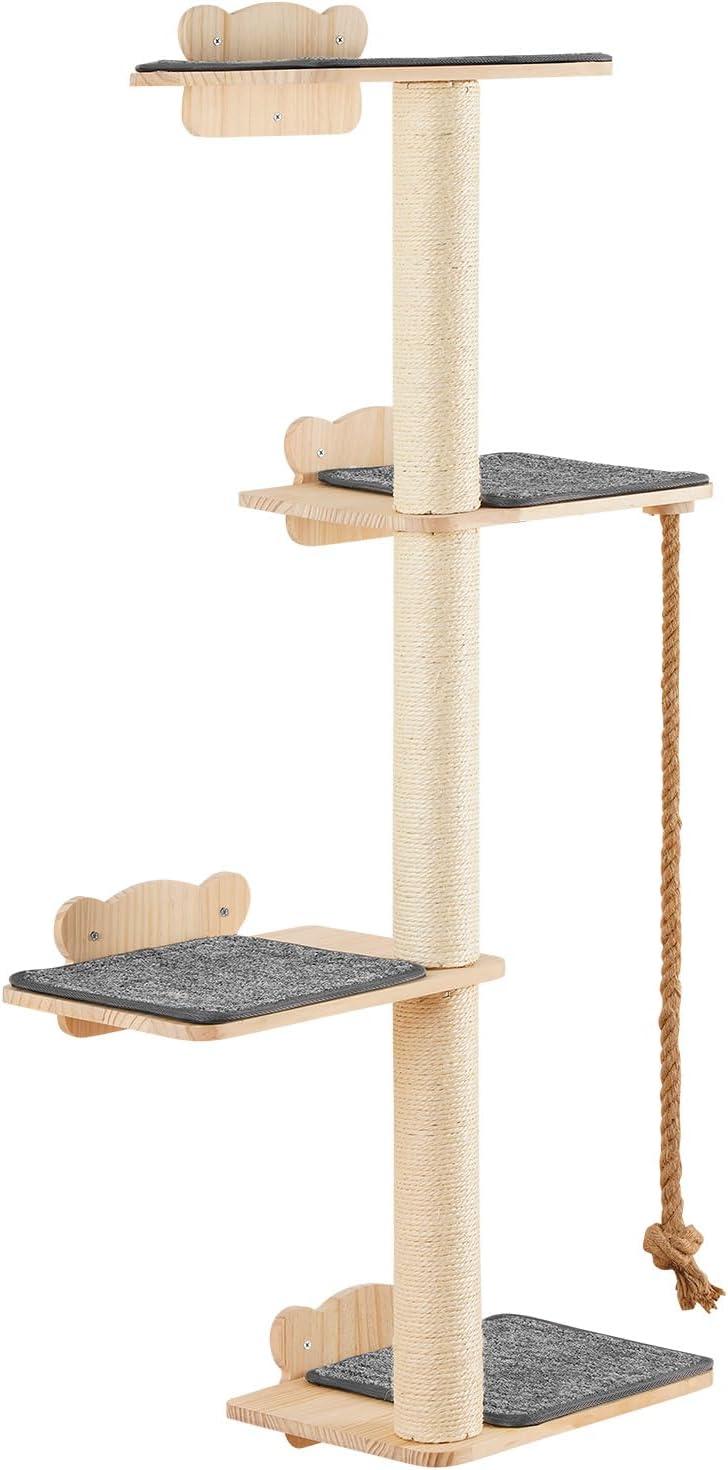 Natural Pine Wood Multi-Level Cat Wall Shelf Set