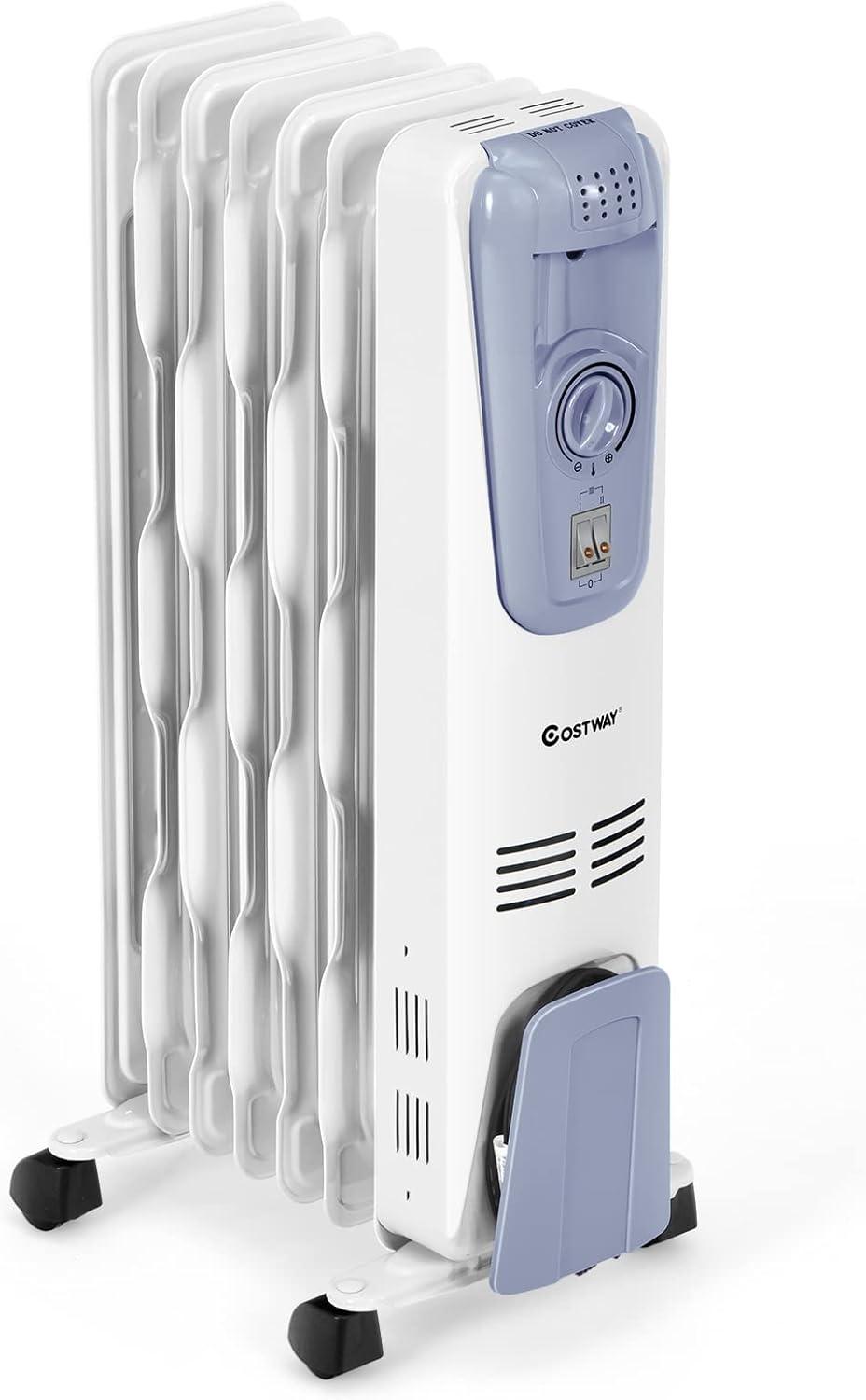 Blue and White 1500W Oil-Filled Radiator Heater with Thermostat