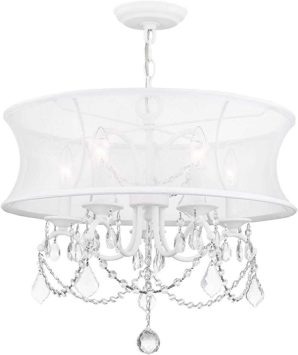 5 Light White Chandelier with Off White Silk Shimmer Shade