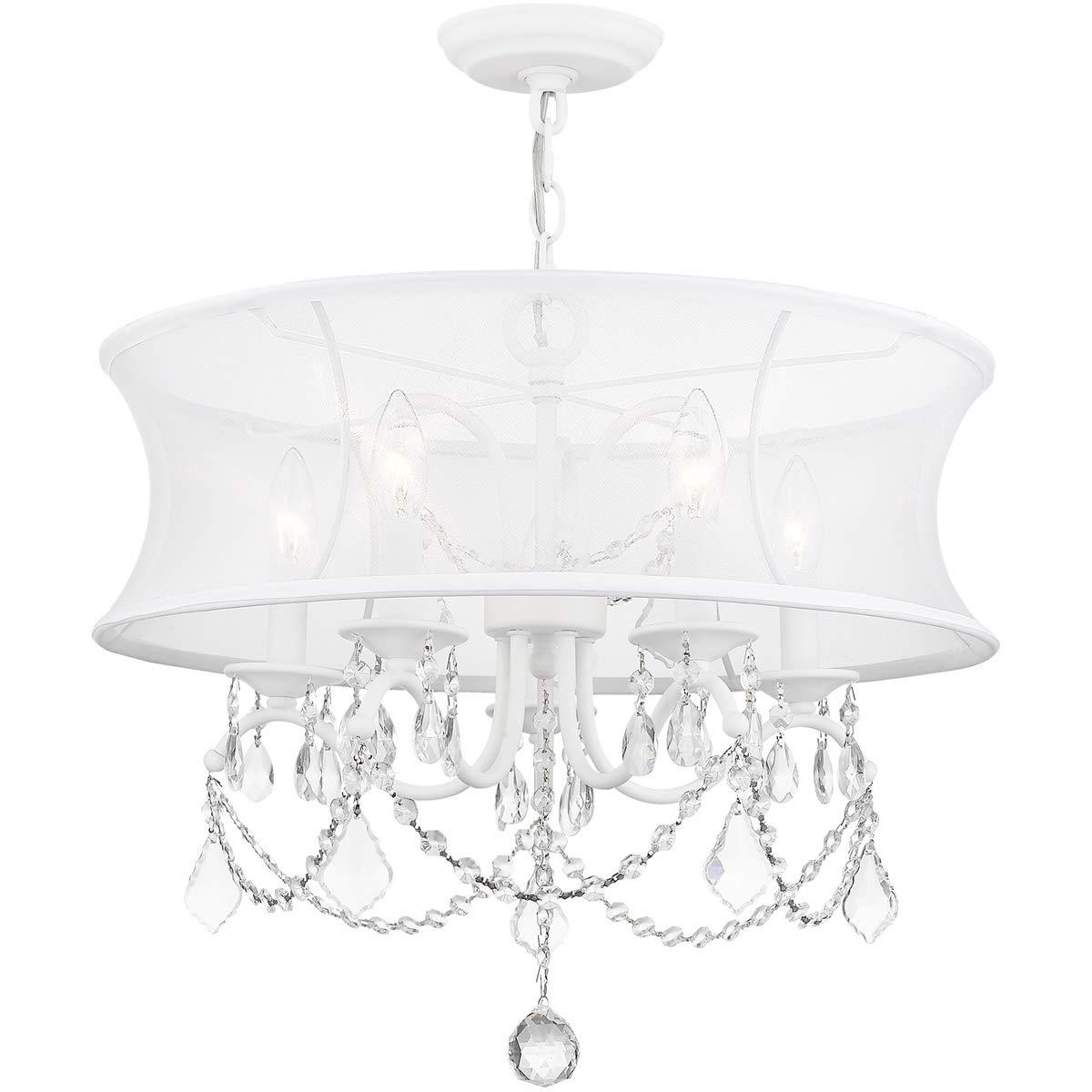 5 Light White Chandelier with Off White Silk Shimmer Shade