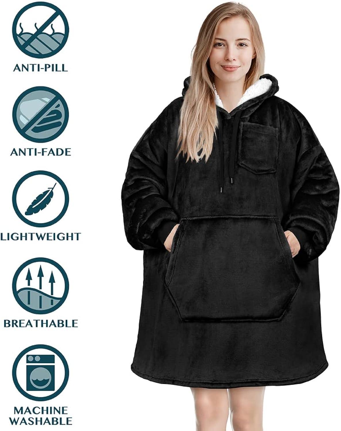 PAVILIA Faux Shearling Wearable Blanket Hoodie, Cozy Oversized Hooded Sweatshirt Adults, Warm Fleece Big Pocket