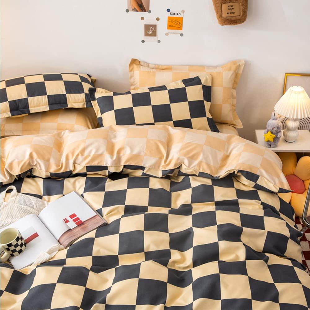 LAMEJOR Duvet Cover Set Twin Size Beige/Gray Checkered Bedding Set Comforter Cover (1 Duvet Cover+2 Pillowcases)