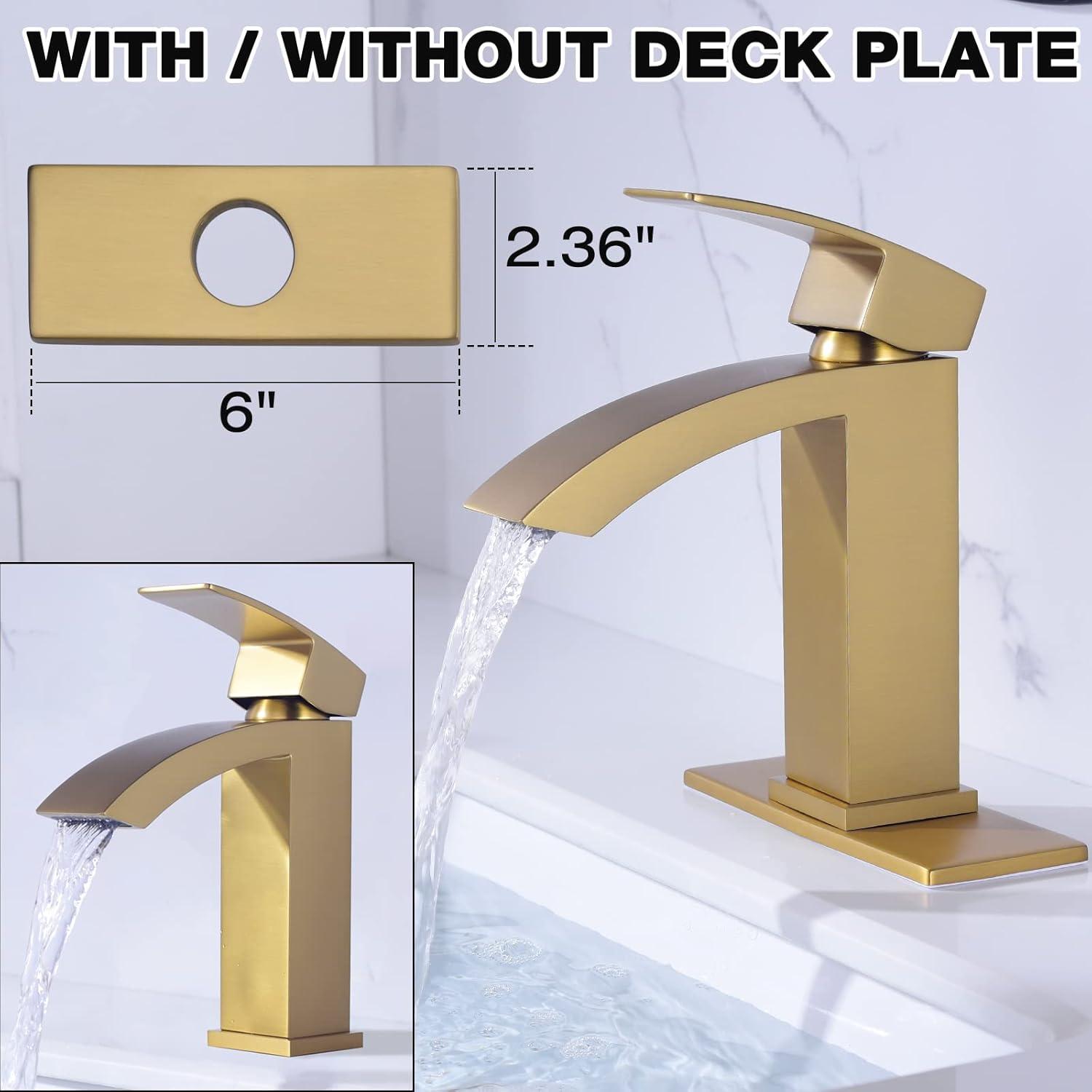 WOWOW Brushed Gold Waterfall Bathroom Faucet  Single Handle Faucet for Bathroom Sink