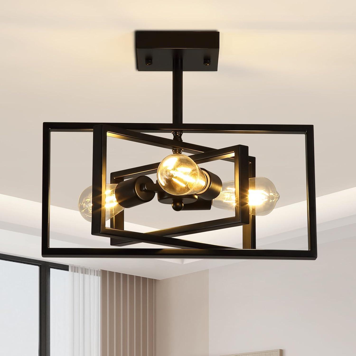 Black Semi Flush Mount Ceiling Light Fixture, 3-Light Modern Farmhouse Ceiling Light, Industrial Metal Chandelier Ceiling Lamp for Kitchen Entryway Bedroom Foyer Hallway, E26 Socket