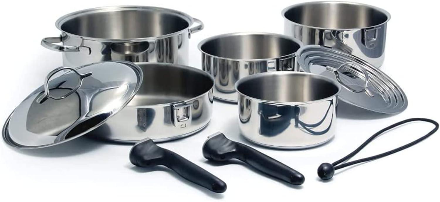 Camco Stainless Steel Nesting Cookware Set- Non Stick Pans and Pots with Removable Handles, Space Efficient Excellent for RVs and Compact Kitchen, 10-Piece Set (43921)