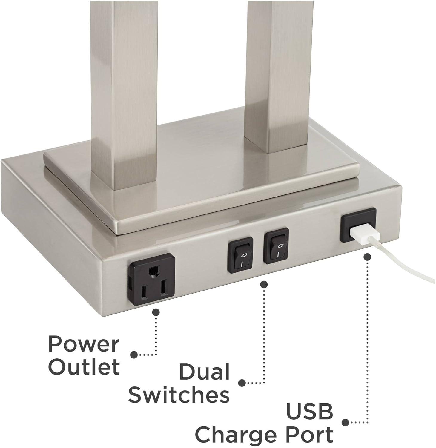 Possini Euro Design Amity Modern Table Lamp 26" High Brushed Nickel with USB and AC Power Outlet in Base White Linen Shade for Bedroom Bedside Desk