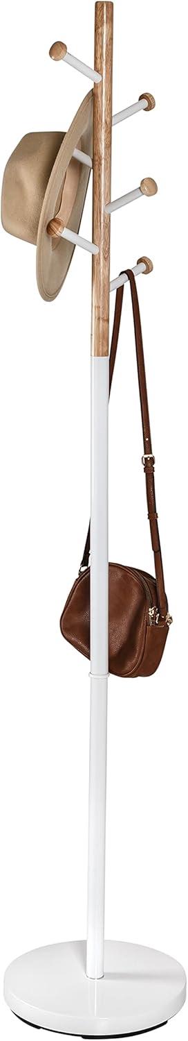 Honey-Can-Do Freestanding Steel Coat Rack with 6 Wood Hooks, White/Natural