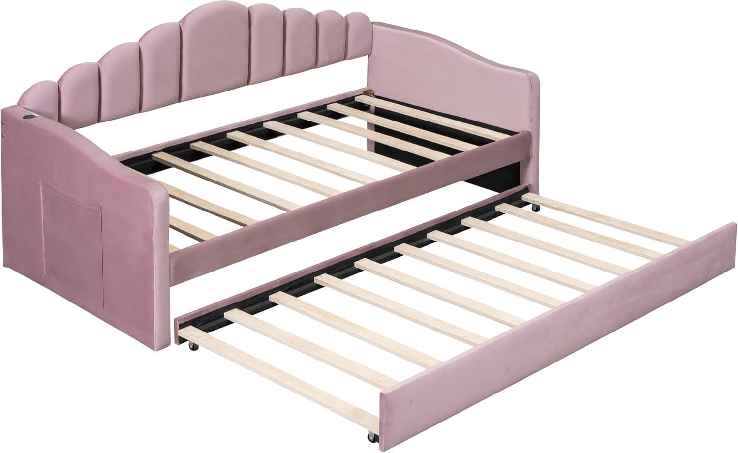 Pink Velvet Twin Daybed with Trundle and Storage