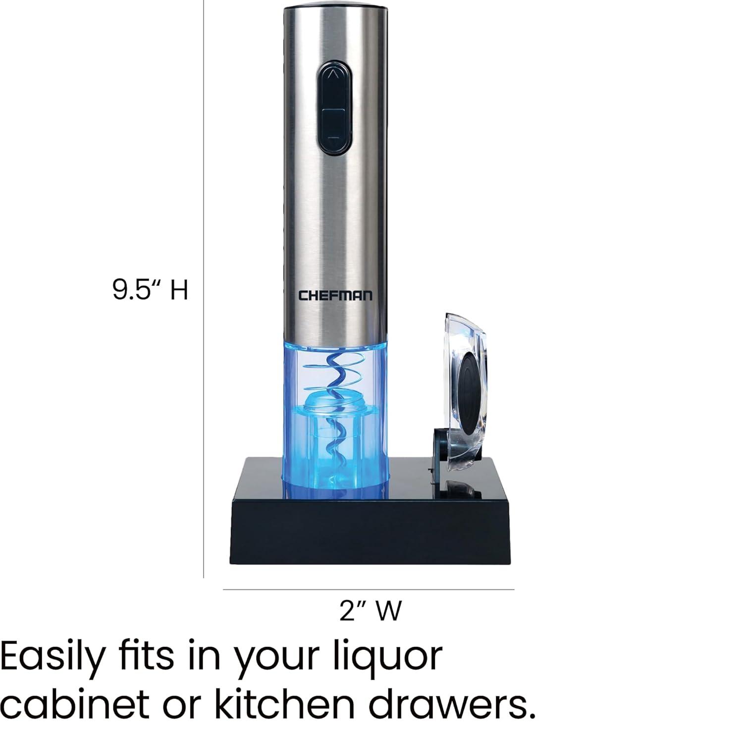 Chefman Electric Wine Opener w/ Foil Cutter, Rechargeable Battery - Stainless Steel, New