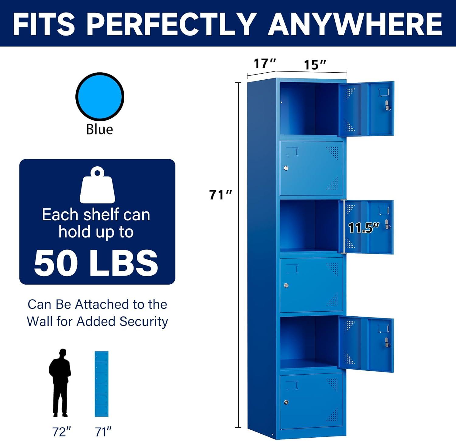 SISESOL Metal Locker Storage Cabinet with Doors and Shelves Metal Lockers with 6 Doors,71" Lockable Small Locker Storage Cabinet for Employees,School, Office, Home, Gym (Gray)