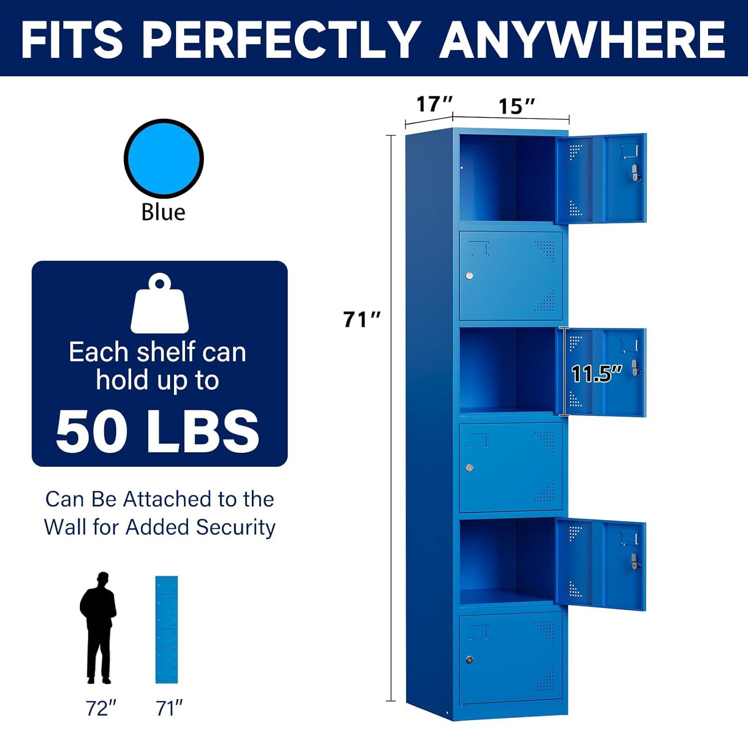 SISESOL Metal Locker Storage Cabinet with Doors and Shelves Metal Lockers with 6 Doors,71" Lockable Small Locker Storage Cabinet for Employees,School, Office, Home, Gym (Gray)