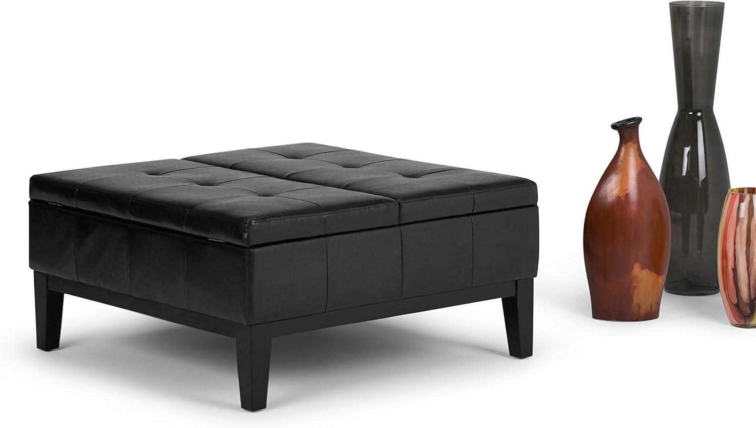 Midnight Black Tufted Faux Leather Cocktail Storage Ottoman