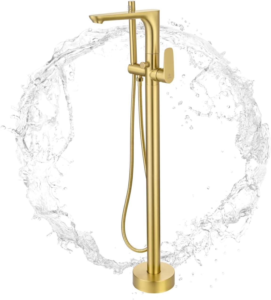 Brushed Gold Freestanding Tub Filler Faucet with Handheld Shower